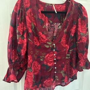 Free People Red Floral Blouse